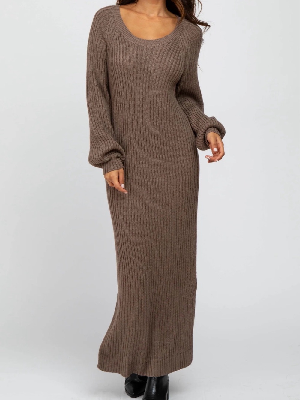 PinkBlush Taupe Side Slit Maxi Sweater Dress
Size small